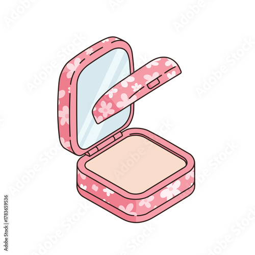 Cute pink compact powder illustration with floral pattern, mirror, and applicator