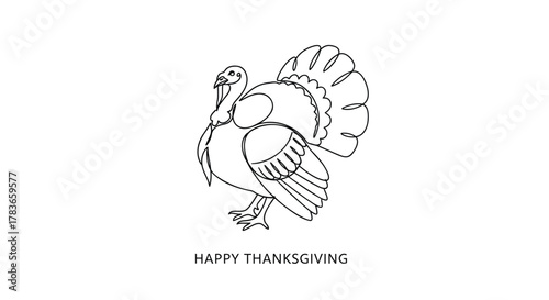 Minimalist single line drawing of a turkey with fanned tail feathers and the words happy thanksgiving below