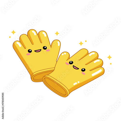Kawaii Yellow Dishwashing Gloves with Sparkling Clean Design.