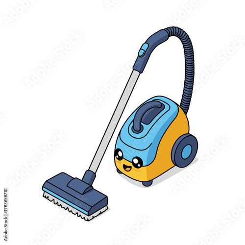 Cute Isometric Cartoon Canister Vacuum Cleaner Illustration