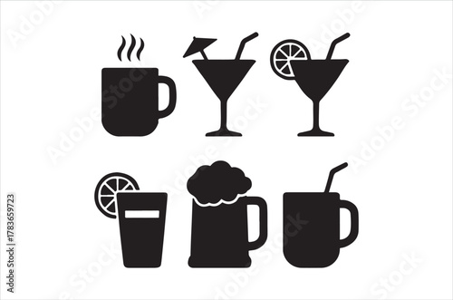 Various hot and cold beverages illustrated with simple black silhouettes