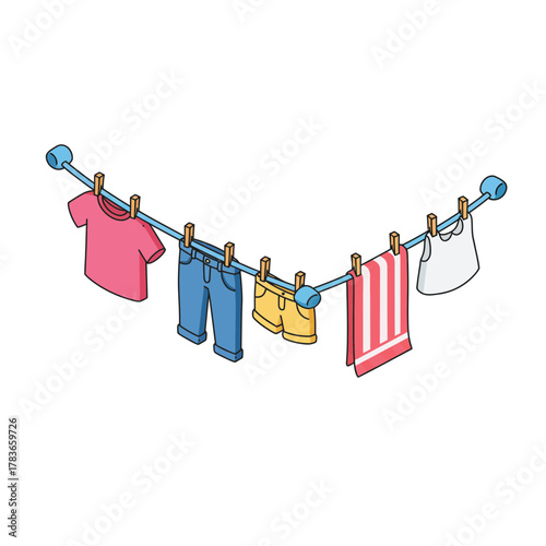 Isometric illustration of colorful clothes drying on a laundry line with wooden clothespins