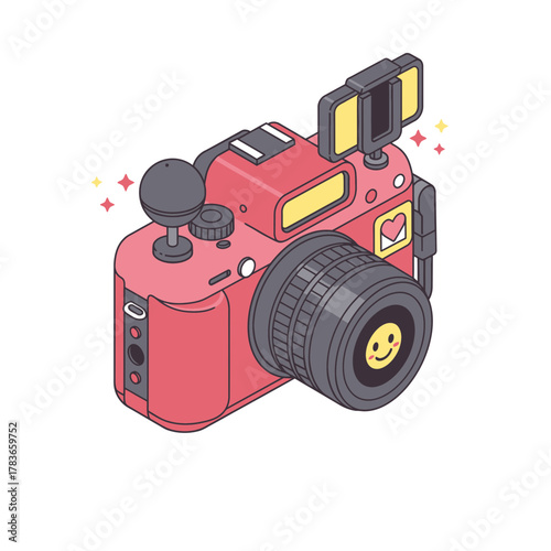 Adorable pink isometric camera with vlogging attachments, featuring a smiling lens icon.