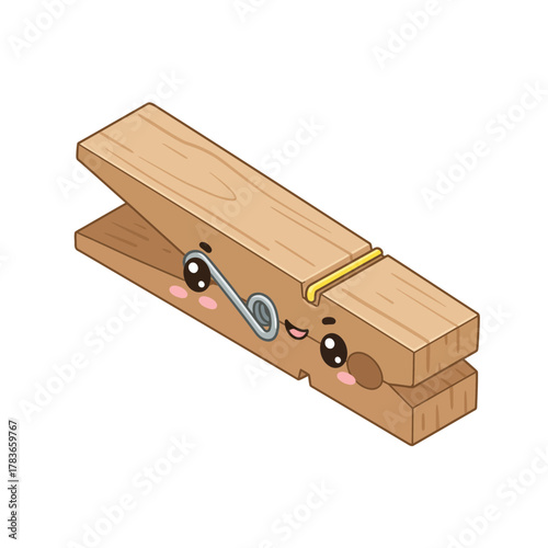 Kawaii wooden clothespin cartoon mascot smiling happily on a white background