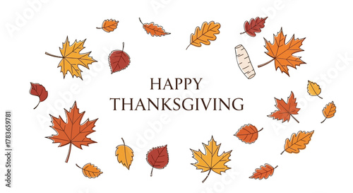 Happy thanksgiving greeting card with falling autumn leaves and root vegetables on a white background