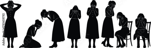Grief, sorrow, despair, emotional pain, sadness, depression, silhouette, posture, woman, mental health, trauma, anxiety, solitude, breakdown, hopelessness, mourning, stress, psychological struggle