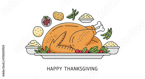 A festive illustration of a delicious roasted turkey dinner with mashed potatoes green beans cranberries and biscuits for a happy thanksgiving celebration
