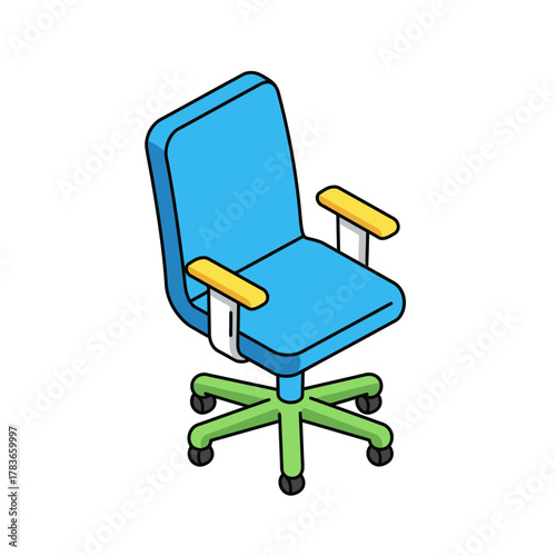 Colorful Isometric Office Swivel Chair Icon with Blue Seat, Green Base, and Yellow Armrests.