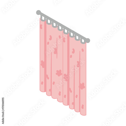 Isometric cartoon illustration of a single pink floral curtain panel.