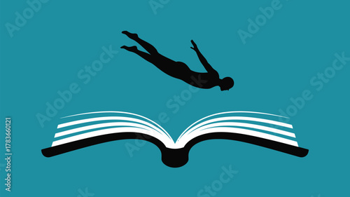 Dive into knowledge with a captivating silhouette of a diver leaping from an open book symbolizing discovery and learning