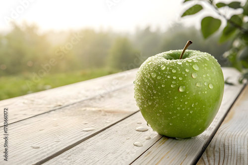 Fresh Green Apple with Dew Drops on Wooden Table in Morning Light