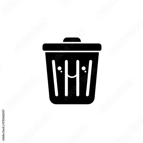 Cute Black Trash Can Icon with Kawaii Face, Wastebasket Symbol