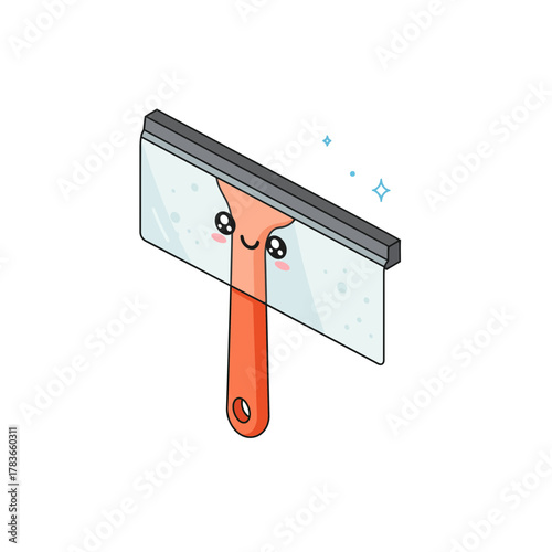 Cute Kawaii Smiling Squeegee Character Cleaning Glass Surface Vector Illustration of Household Tool