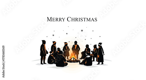 Merry christmas greeting with silhouetted people gathered around a warm campfire in the snow with falling snowflakes