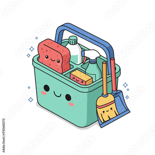 Happy Kawaii Cleaning Caddy with Smiling Sponges, Bottles, and Broom