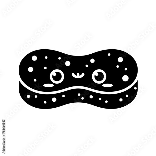Cute Smiling Kitchen Sponge Character Icon in Black and White Silhouette Style