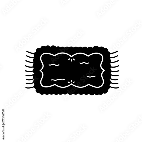 Cozy rectangular floor rug or bath mat glyph icon with tasseled edges and decorative internal pattern.
