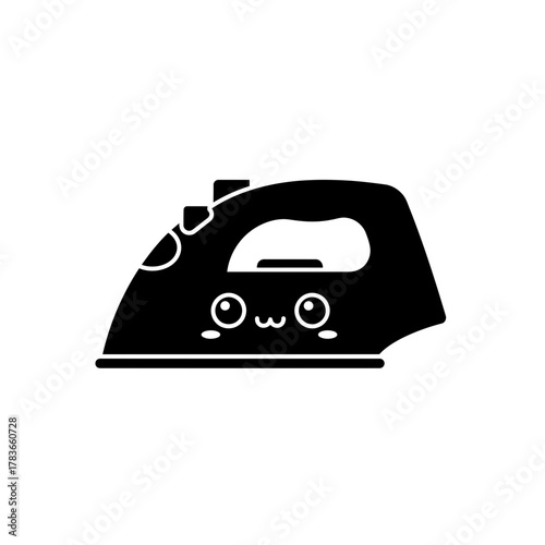 Cute black steam iron icon with an OwO face