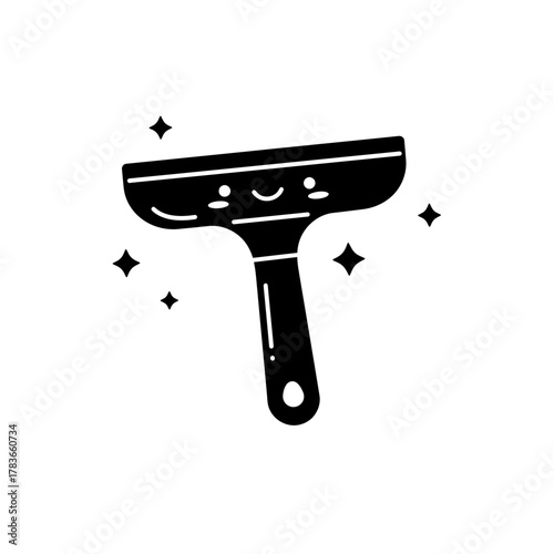 A cute black silhouette icon of a smiling squeegee surrounded by sparkles, representing cleaning and shine.