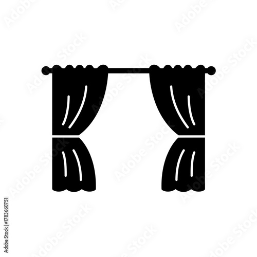 Black silhouette icon of open window curtains hanging on a decorative rod.