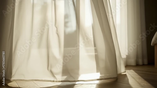 Sunlight Streaming Through Sheer White Curtains in Morning.