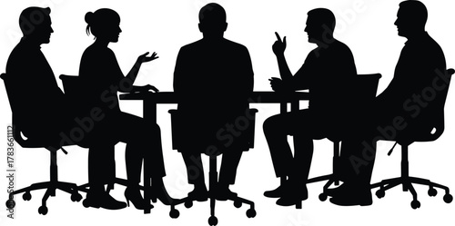 Business meeting silhouette, teamwork collaboration, office discussion, corporate communication, professional brainstorming, group strategy planning, 