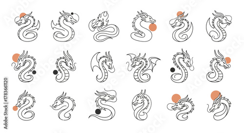 Collection of dragon illustrations in black and white line art with orange and black circle accents, arranged in a grid.