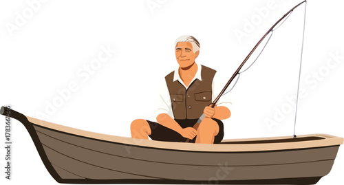 Fisherman Sitting in Wooden Boat with Fishing Rod