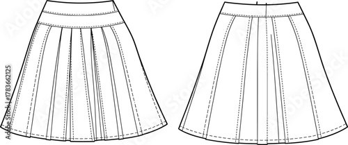 CAD drawing flat vector illustration of pleated skirt fashion sketch, technical clothing design, apparel template, garment outline, black and white