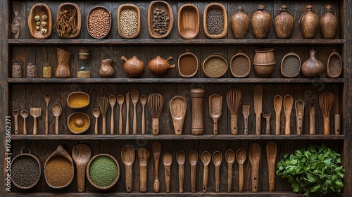 Fototapeta Naklejka Na Ścianę i Meble -  Rustic spice rack, wooden utensils, herbs, kitchen organization, background texture, food styling