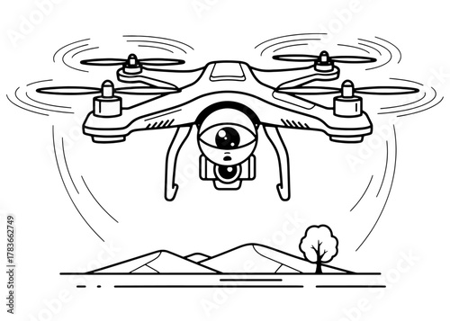 A drone mascot with a camera eye, flying over a landscape. Black and white vector line art for a logo, icon, or coloring book.