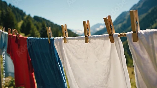 Quivering clothesline in mountain breeze, clothespins clatter against the rope.