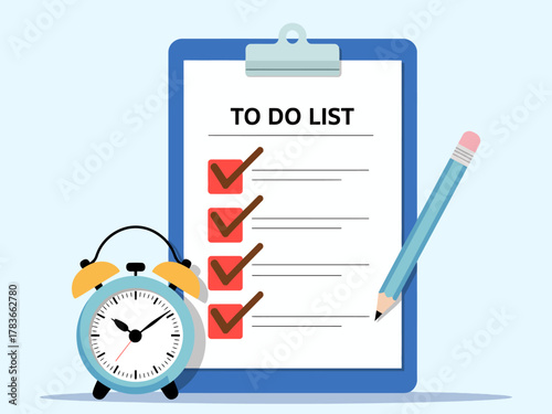 This image displays a structured to-do list accompanied by an alarm clock, emphasizing the importance of organization and time management in daily tasks and productivity.