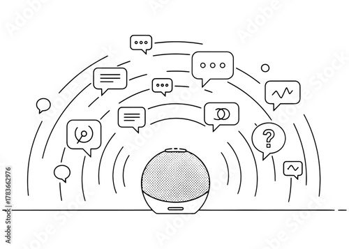 Smart speaker voice assistant with chat bubbles and information icons. Black and white vector line art for a technology or support concept.
