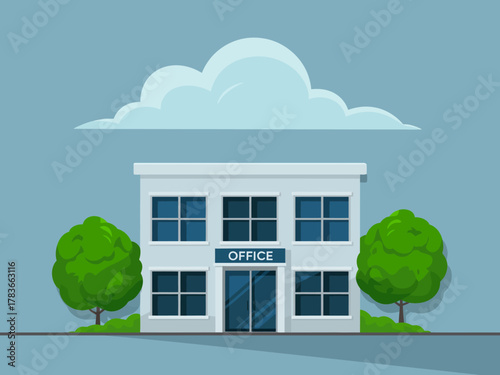 A modern office building design surrounded by green trees under a clear sky with clouds, representing a professional environment that promotes creativity and productivity.