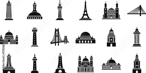 Icon set of world famous landmarks, architectural silhouettes, cultural heritage, travel design, tourism icons, global monuments, skyline illustration, vector collection