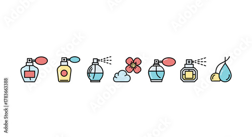 A collection of minimalist, flat design icons representing various perfume bottles, a flower, a cloud, and a droplet of liquid, all rendered in vibrant colors against a clean white background