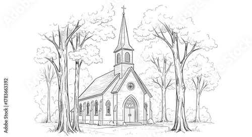 Pencil sketch of a charming small chapel with a prominent steeple, surrounded by lush trees, rendered in a classic hand-drawn vector illustration style, evoking a sense of peace and tradition.