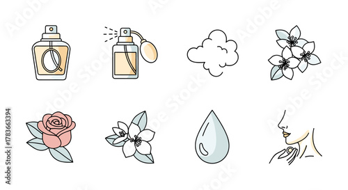 Collection of eight flat design icons representing perfume and beauty elements, including two perfume bottles, a rose, jasmine flowers, a water droplet, a cloud, and a woman applying perfume, perfect