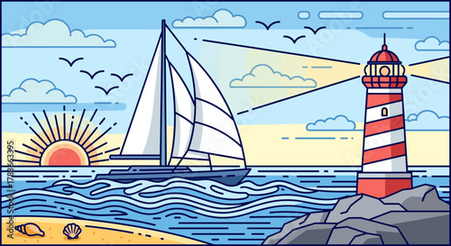 Vibrant linear vector illustration capturing a serene seaside adventure at sunrise, featuring a majestic sailboat gliding across wavy blue waters, a guiding lighthouse with its beams illuminating the