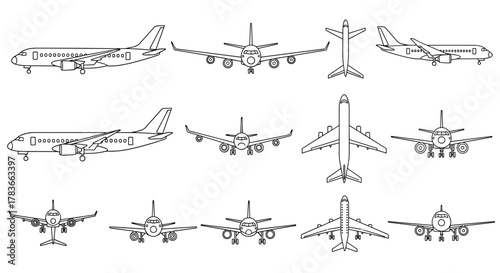 Collection of diverse airplane and aircraft outline illustrations, showcasing various perspectives including side, front, and top views, perfect for graphic design, web development, app interfaces