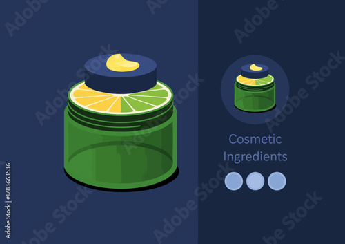 A cosmetic jar topped with a fresh lime slice, symbolizing natural ingredients and skincare, showcasing health and wellness in a beautifully illustrated design.