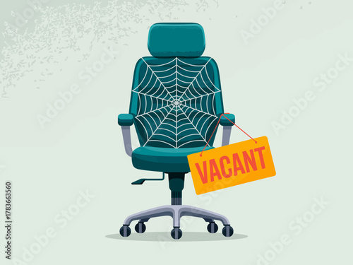 An office chair draped with a web and a sign saying 'VACANT' conveys feelings of abandonment and unused potential, and adds a humorous, spooky touch to the workspace.