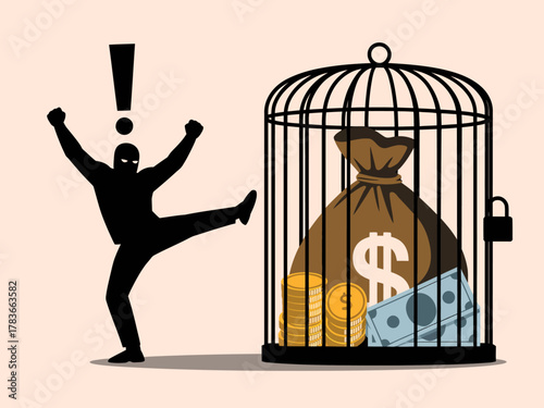 An illustrative depiction of theft, showcasing a masked figure celebrating triumph while a cage contains wealth, symbolizing the conflict between desire and moral values in society.