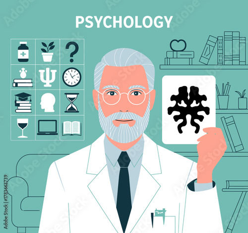 An engaging illustration depicting a psychologist with an inkblot card, symbolizing psychological assessment and the exploration of the human mind through various tools.