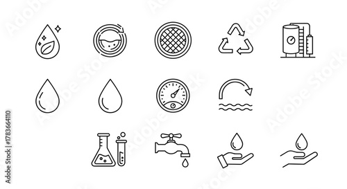 Water Treatment Line Icon Set: A Comprehensive Collection of Icons Representing Purification, Filtration, Recycling, Storage Tanks, Water Drops, Pressure Gauges, Flow Indicators, Laboratory