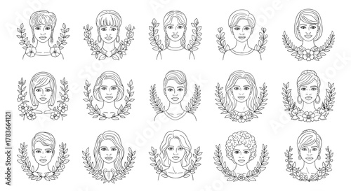 Diverse Collection of Woman Portraits in Line Art Style, Each Framed by Delicate Floral Wreaths, Showcasing Various Hairstyles and Features on a Clean White Background, Ideal for Lifestyle and Beauty