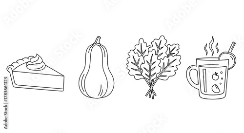 Outline icon set of seasonal menu ingredients featuring a slice of pumpkin pie with whipped cream, a butternut squash, a bunch of kale, and a steaming mug of apple cider with a slice of apple and