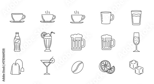 Collection of 15 diverse beverage line icons, including coffee cups, tea bags, soda bottles, milkshakes, beer mugs, cocktails, champagne flutes, coffee beans, citrus slices, and ice cubes, perfect