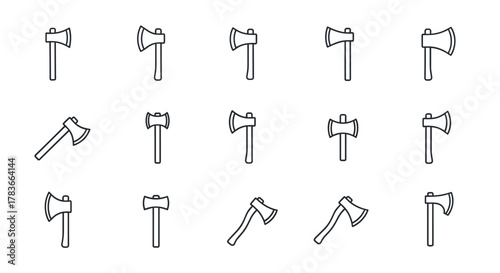 Collection of minimalistic linear axe icons, featuring various styles and orientations. This vector set includes simple line art pictograms of axes, perfect for web design, graphic design, app icons
